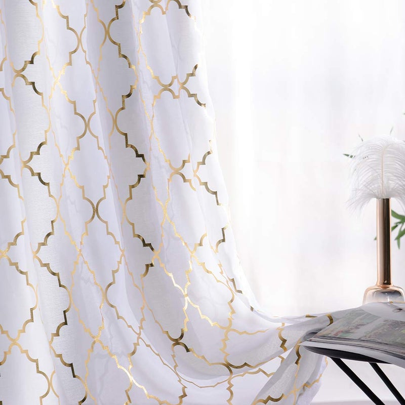 YJ YANJUN White Sheer Curtains 84 inches Long Trellis Gold Foil Curtains for Living Room Bedroom Set of 2 Panles, 52 x 84 inch - Image 1